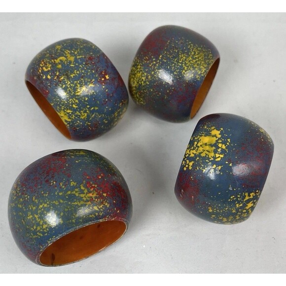 Set of 4 Boho Splatter Paint Multicolor Lacquered Wooden Napkin Rings Colorful - Picture 6 of 10